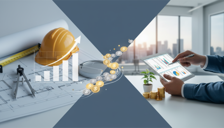 Inżynier budowy sprawdzający kosztorys na tablecie na tle powstającego domu jednorodzinnego w 2026 roku.