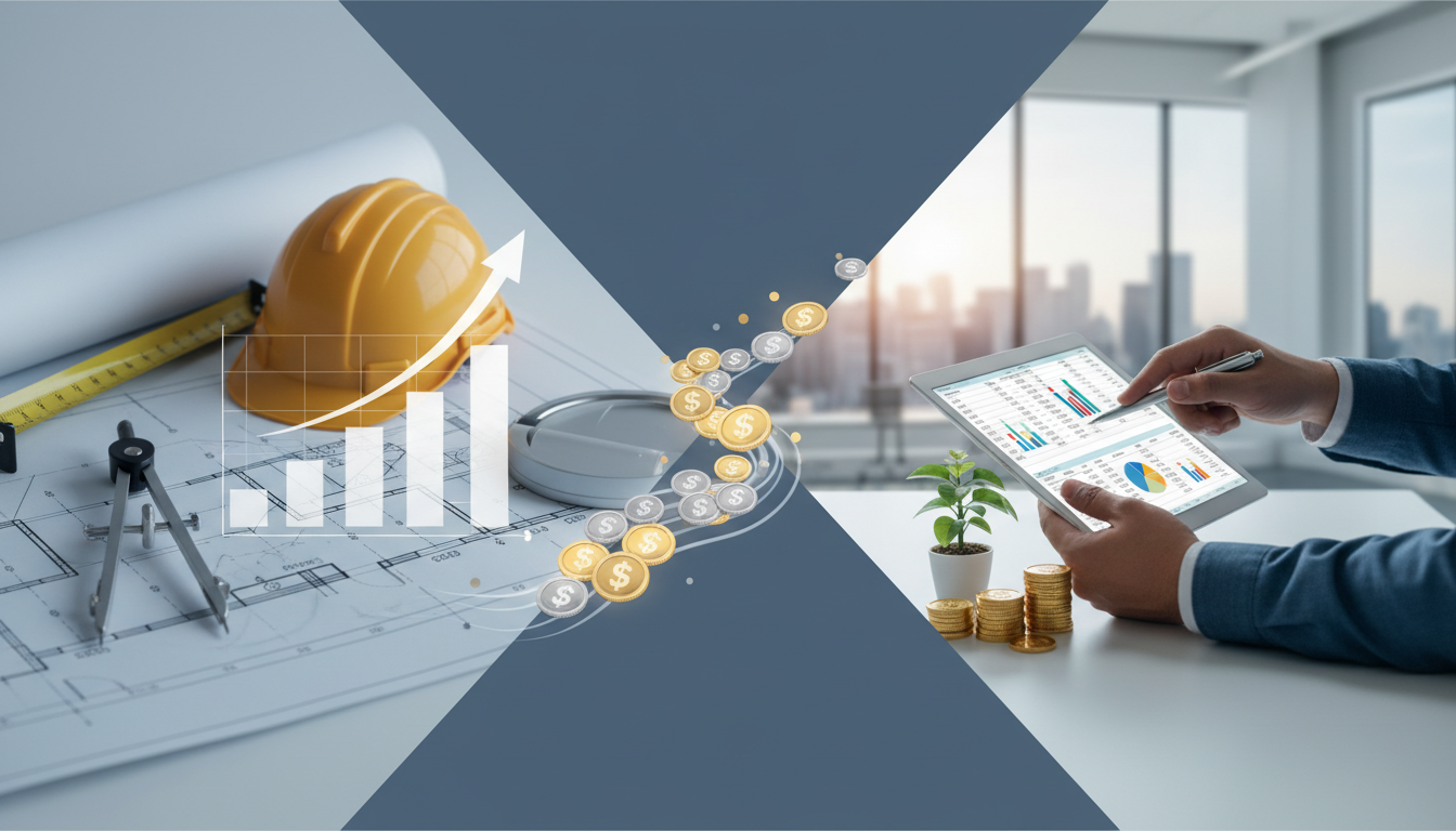 Inżynier budowy sprawdzający kosztorys na tablecie na tle powstającego domu jednorodzinnego w 2026 roku.